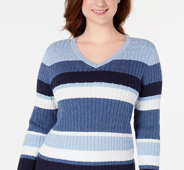 Karen Scott Suéter Feminino Listrado de Algodão em Tricô Azul Tamanho Pequeno Médio