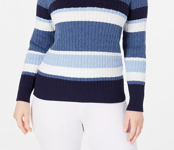 Karen Scott Suéter Feminino Listrado de Algodão em Tricô Azul Tamanho Pequeno Médio