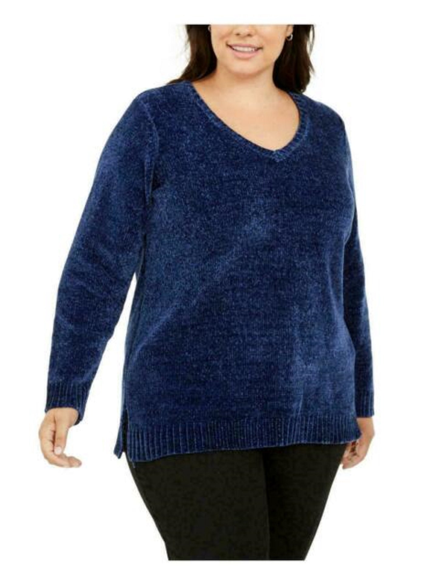 Karen Scott Suéter Feminino Gola V Chenille Azul Escuro Tamanho Extra Grande