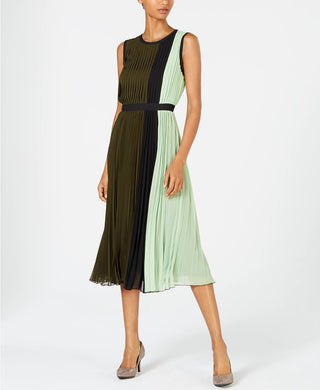 Vestido plissado sem mangas Alfani feminino, com blocos de cores, verde escuro, tamanho 4