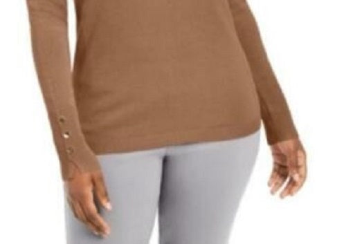 Suéter feminino JM Collection com gola redonda e punhos abotoados, marrom, tamanho extragrande