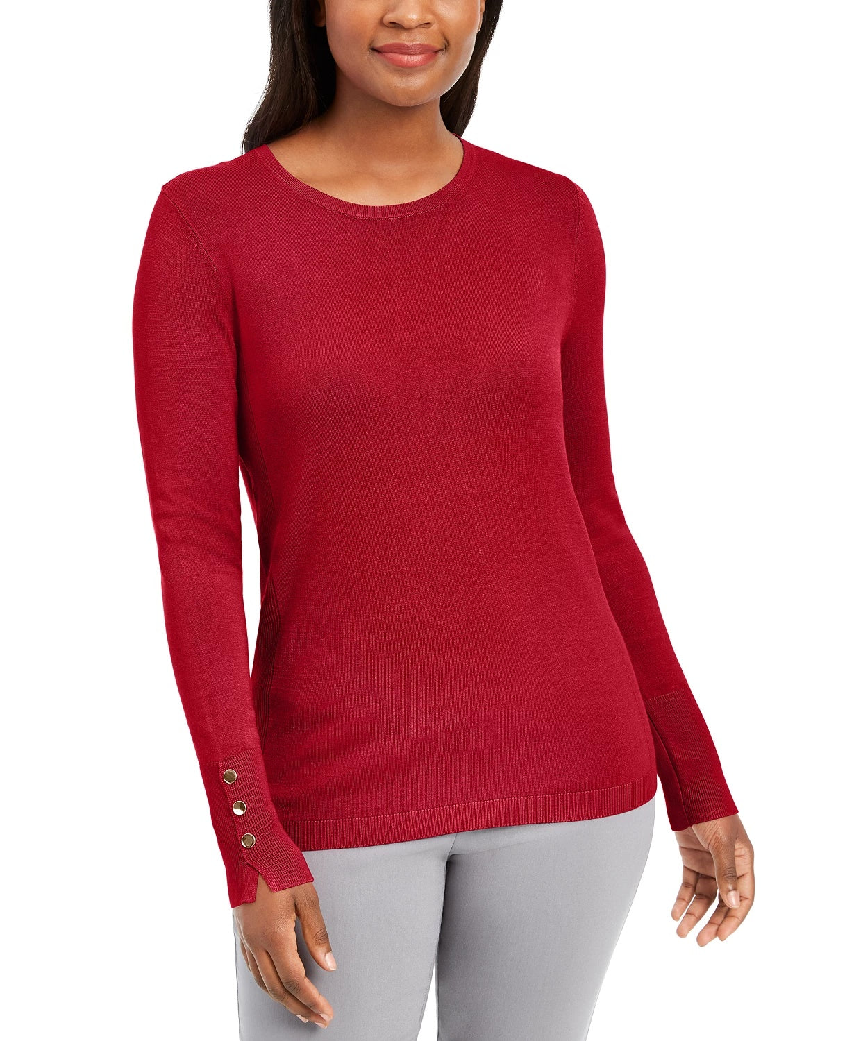 Suéter feminino JM com gola redonda e punhos abotoados, tamanho médio, vermelho, pequeno