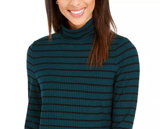 Blusa feminina listrada de gola alta Charter Club verde escuro tamanho pequeno