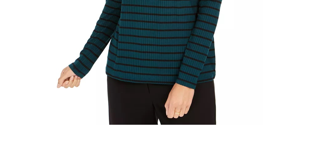 Blusa feminina listrada de gola alta Charter Club verde escuro tamanho pequeno
