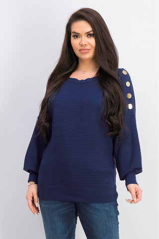 Suéter feminino JM Collection com mangas abotoadas, azul escuro, tamanho extra grande
