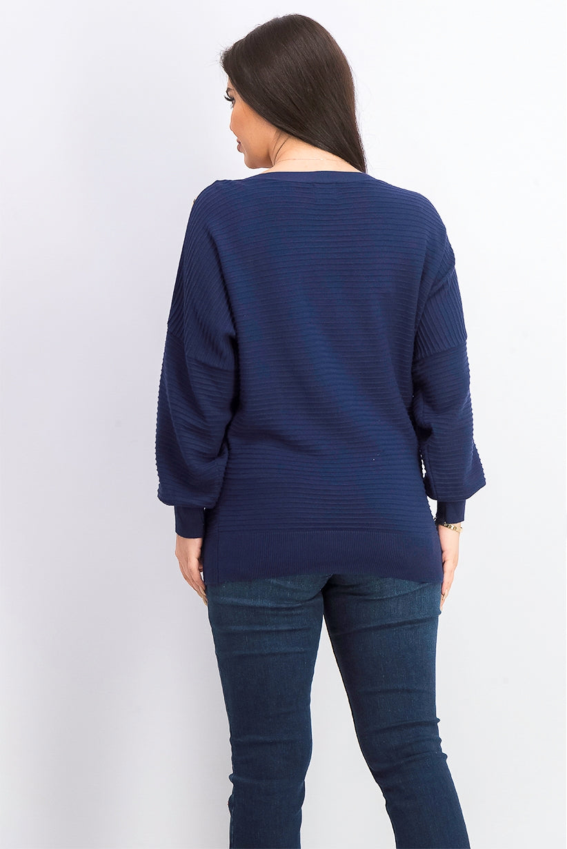 Suéter feminino JM Collection com mangas abotoadas, azul escuro, tamanho extra grande