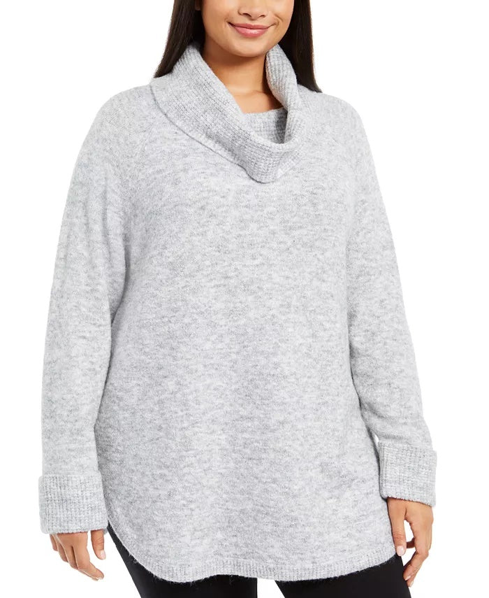 Suéter feminino plus size com gola careca e acabamento em malha waffle, cinza, tamanho 3X