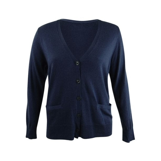 Cardigan feminino de lã merino com decote em V, azul, tamanho médio