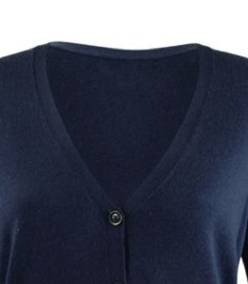Cardigan feminino de lã merino com decote em V, azul, tamanho médio