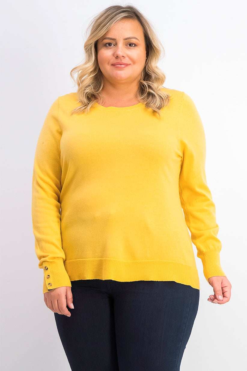 Suéter feminino de lã merino com punhos abotoados e gola redonda, tamanho XXG dourado