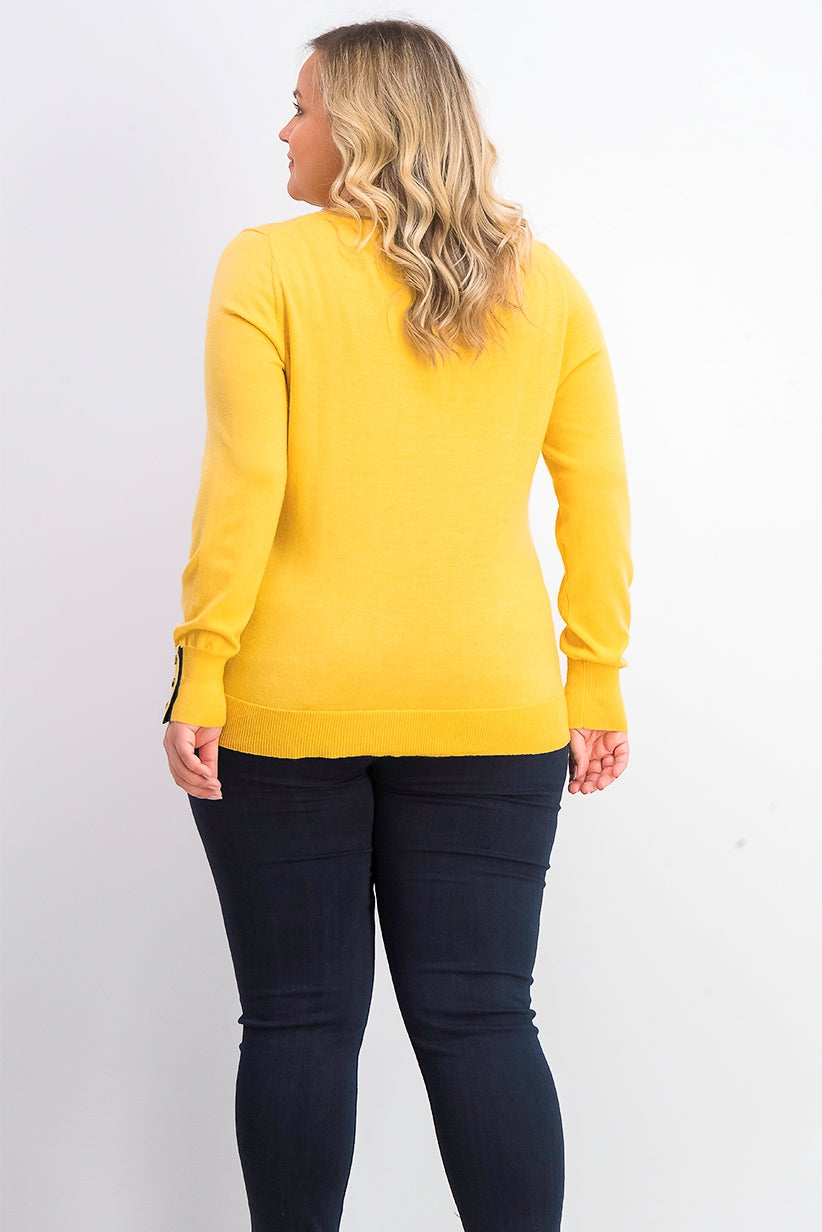Suéter feminino de lã merino com punhos abotoados e gola redonda, tamanho XXG dourado