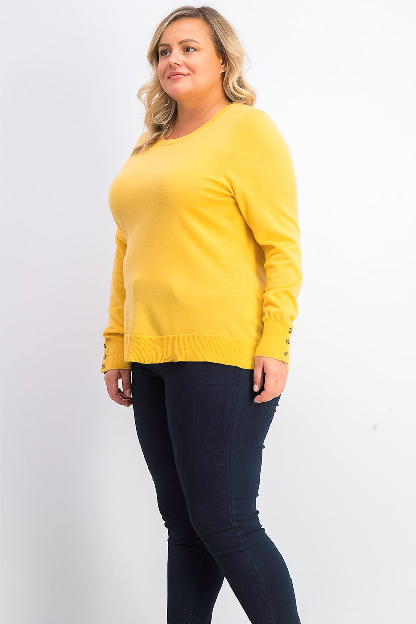 Suéter feminino de lã merino com punhos abotoados e gola redonda, tamanho XXG dourado