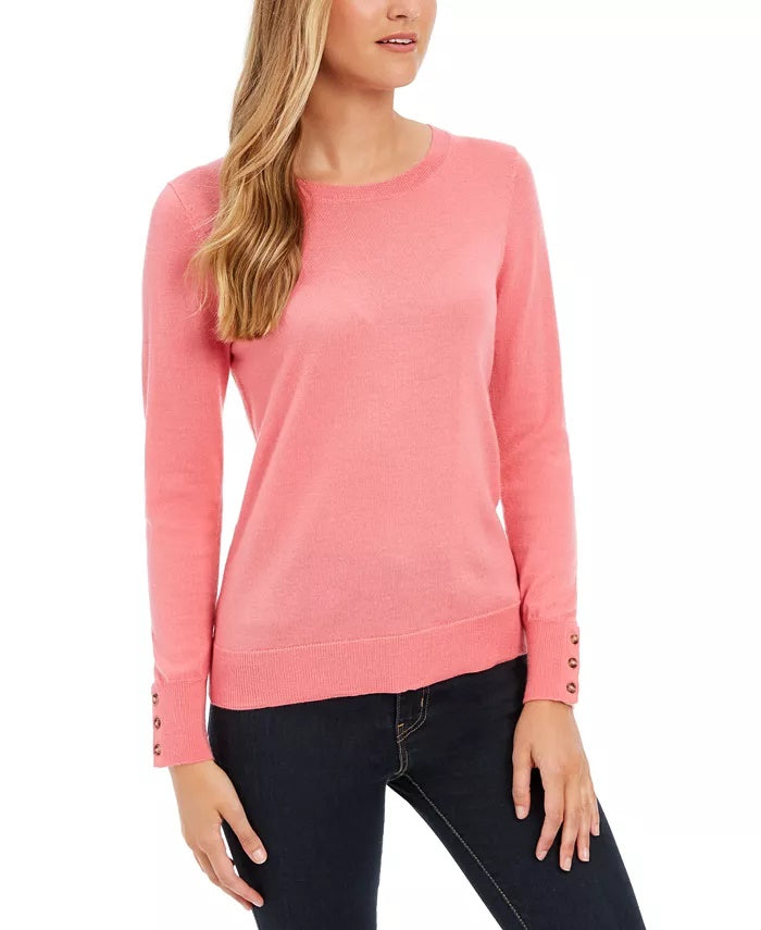 Suéter feminino Charter Club de lã merino com punhos abotoados e gola redonda, rosa, tamanho extragrande