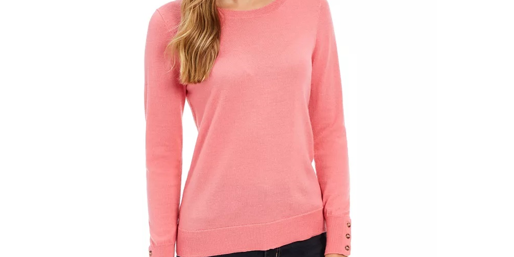 Suéter feminino Charter Club de lã merino com punhos abotoados e gola redonda, rosa, tamanho extragrande