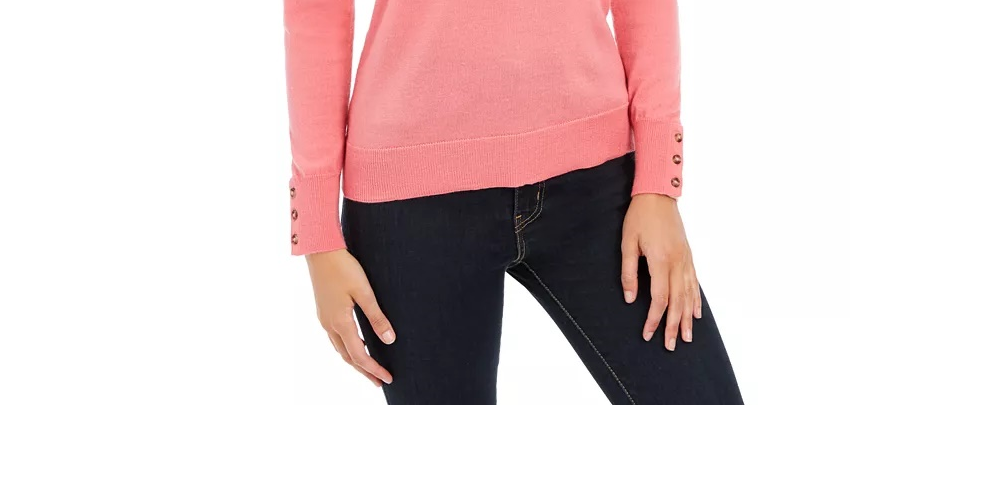Suéter feminino Charter Club de lã merino com punhos abotoados e gola redonda, rosa, tamanho extragrande