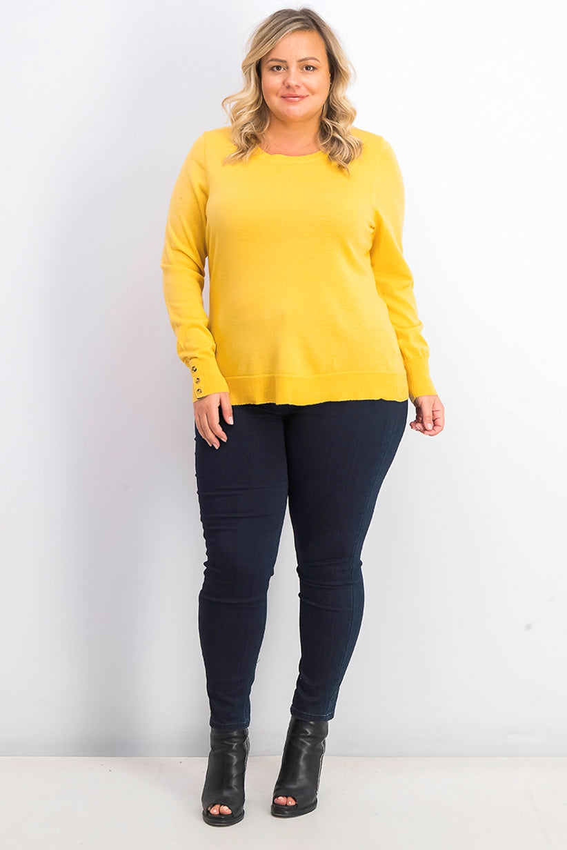 Suéter feminino de lã merino com punhos abotoados e gola redonda, tamanho grande, dourado, Charter Club