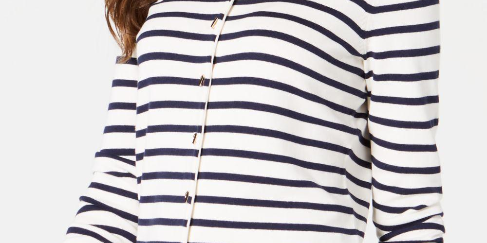 Cardigan feminino listrado com ilhós Charter Club, branco, tamanho extragrande