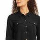 Camisa feminina Charter Club com dois bolsos, preta, tamanho médio