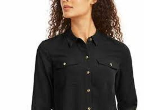 Camisa feminina Charter Club com dois bolsos, preta, tamanho médio