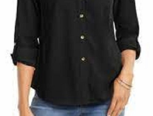 Camisa feminina Charter Club com dois bolsos, preta, tamanho médio