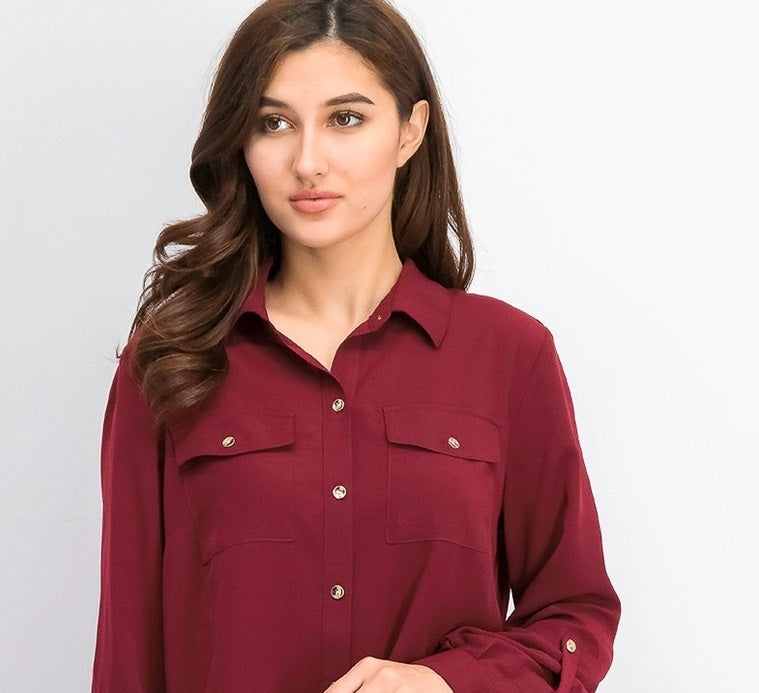 Camisa feminina Charter Club com dois bolsos, vinho, tamanho grande