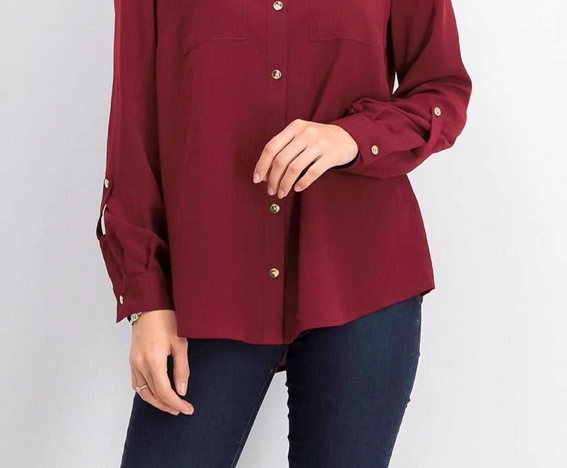 Camisa feminina Charter Club com dois bolsos, vinho, tamanho grande