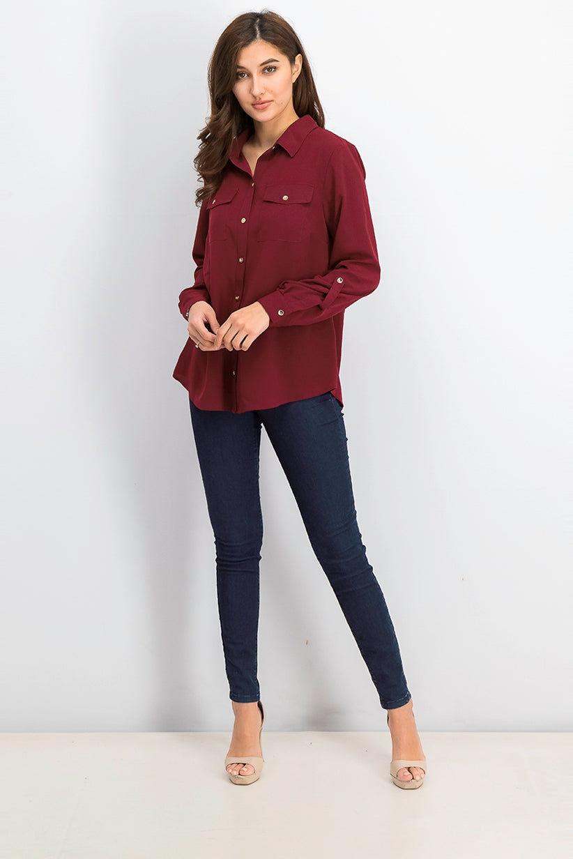 Camisa feminina Charter Club com dois bolsos, vinho, tamanho pequeno