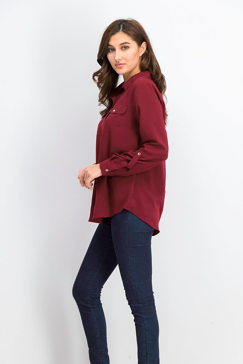 Camisa feminina Charter Club com dois bolsos, vinho, tamanho extragrande
