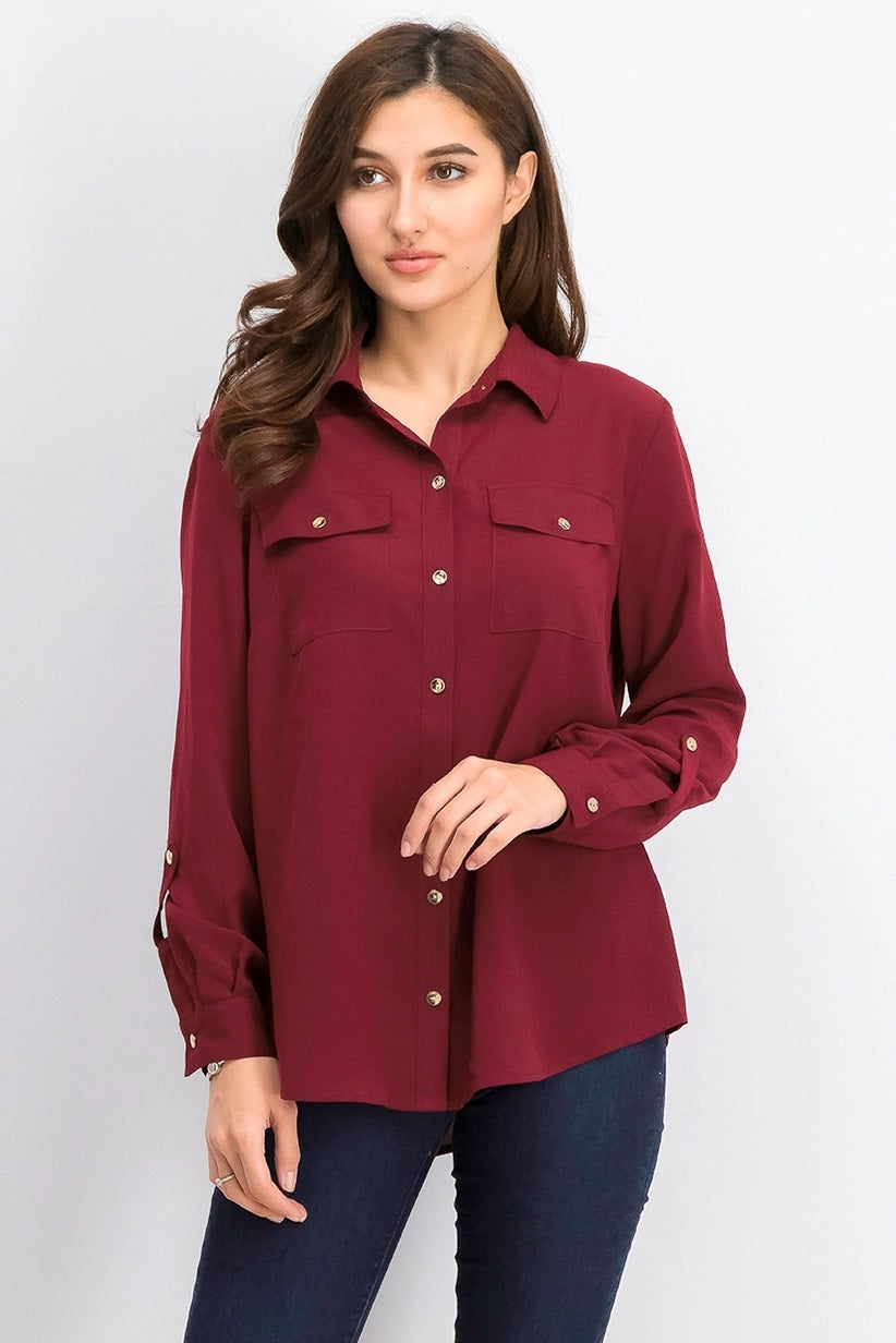 Camisa feminina Charter Club com dois bolsos, vinho, tamanho XX-G