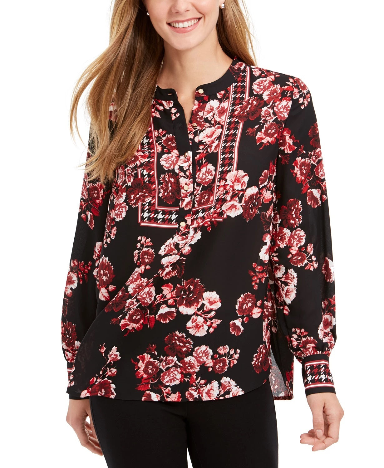 Blusa feminina estampada com gola alta e faixa, tamanho médio, vermelha, Charter Club