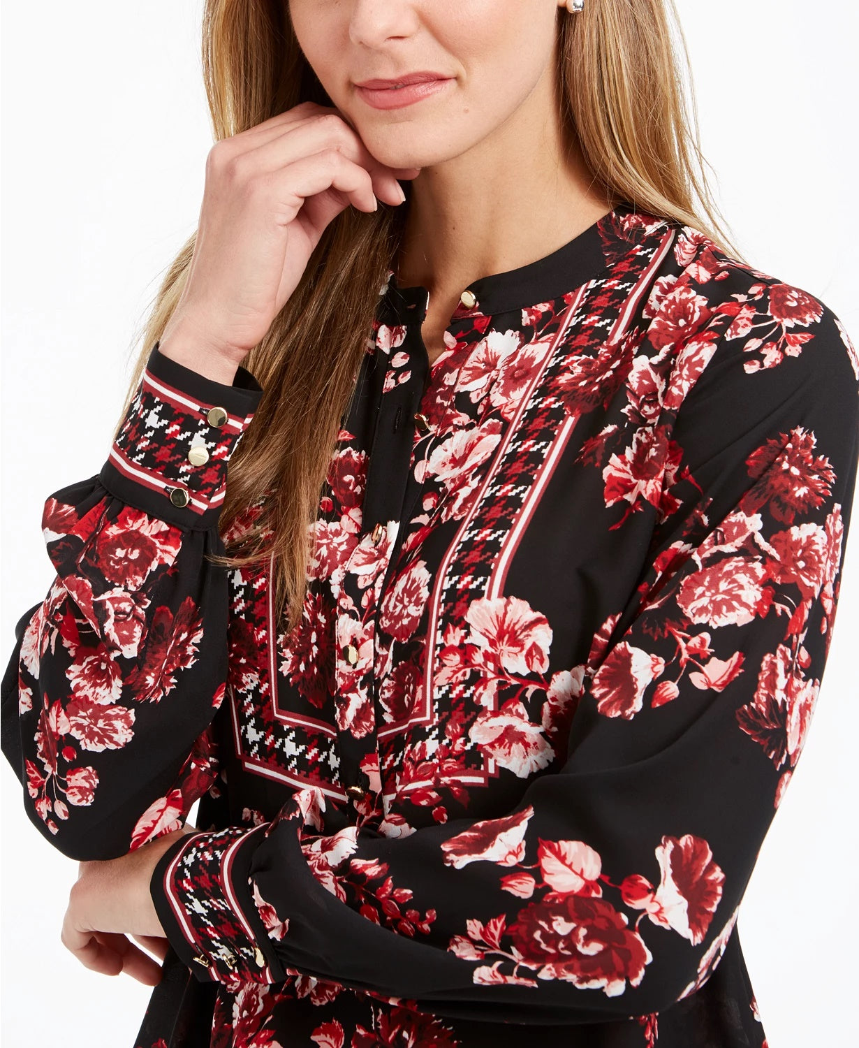 Blusa feminina estampada com gola alta e faixa, tamanho médio, vermelha, Charter Club