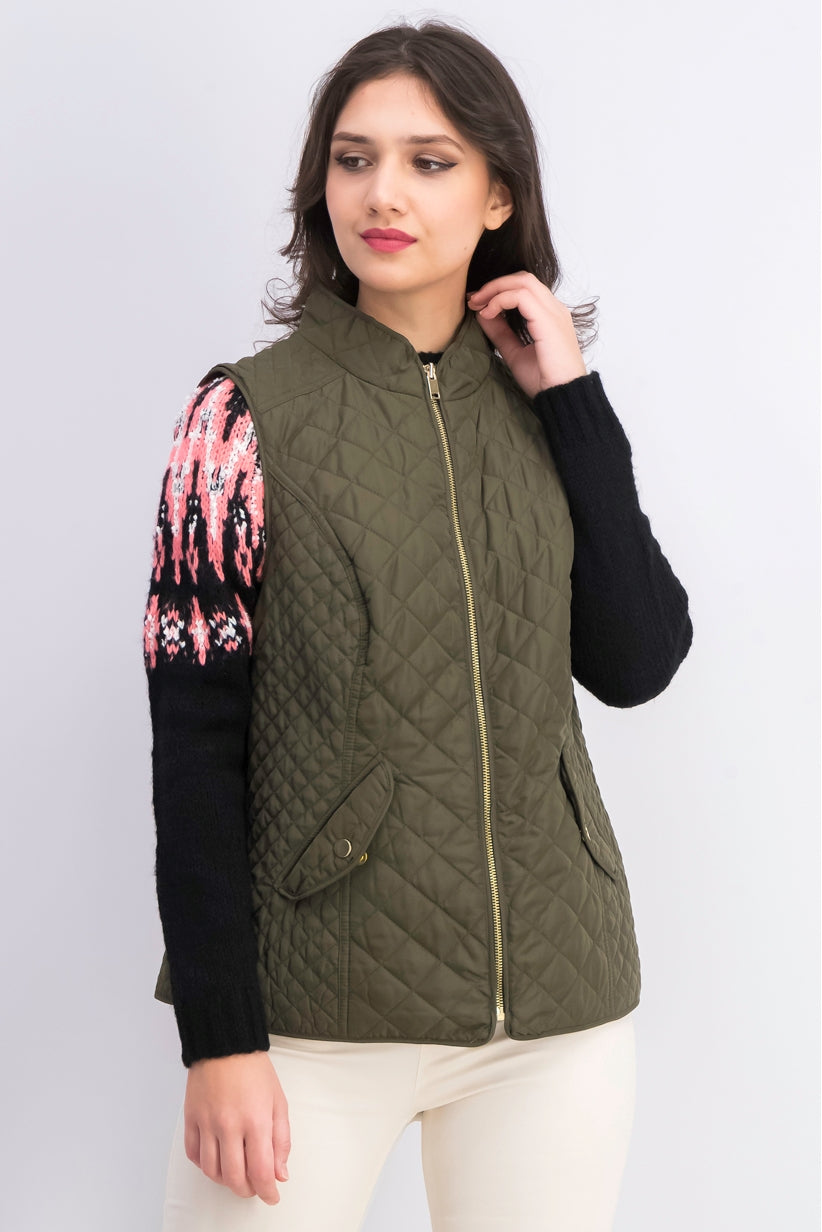 Colete feminino acolchoado com gola alta Charter Club, verde, tamanho pequeno