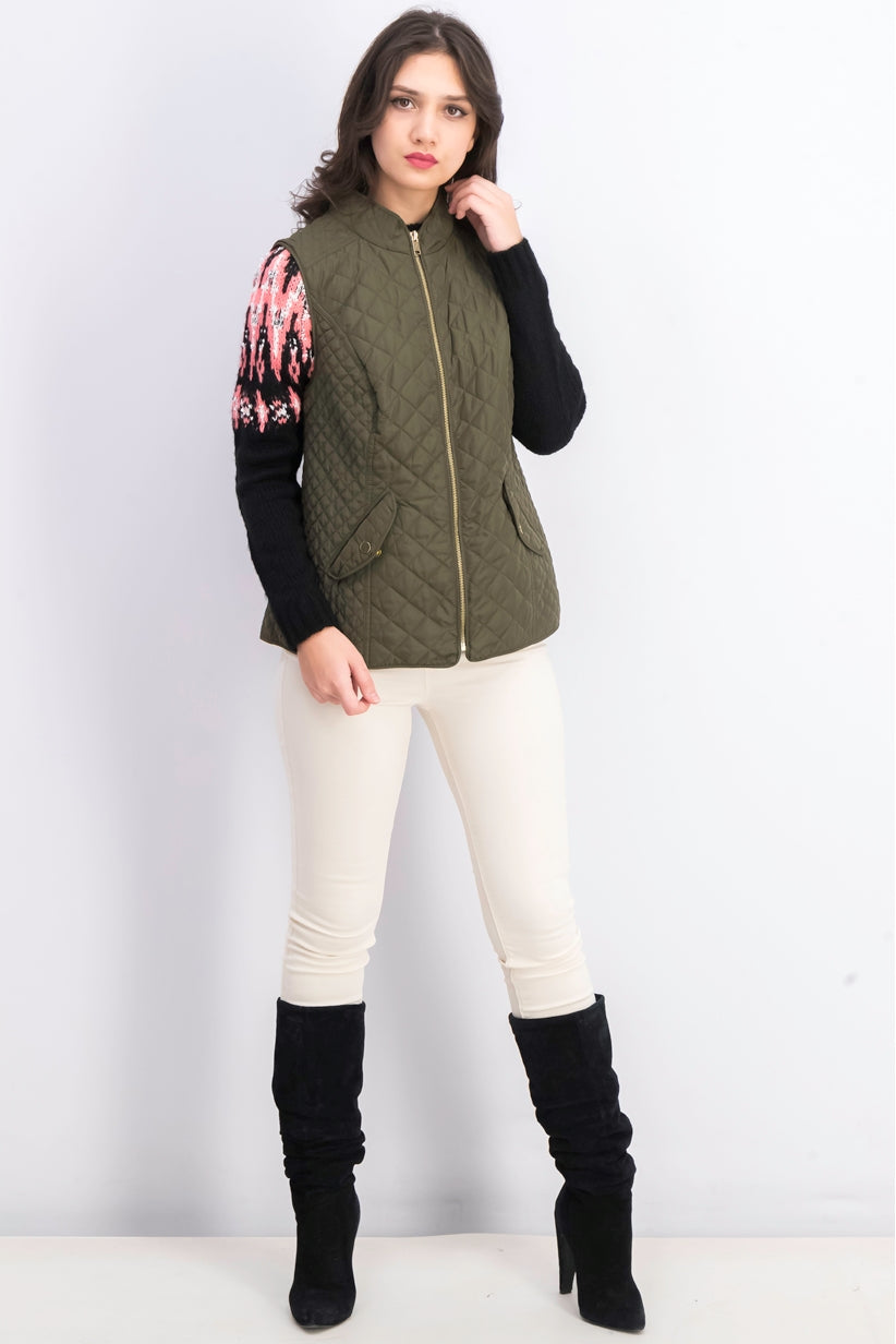 Colete feminino acolchoado com gola alta Charter Club, verde, tamanho pequeno