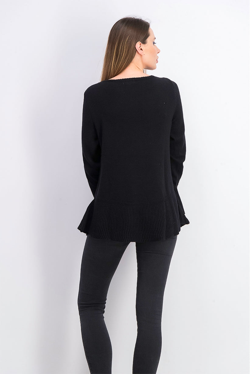 Suéter de malha com babados e bainha plissada feminino Style &amp; Co, preto, tamanho extra pequeno