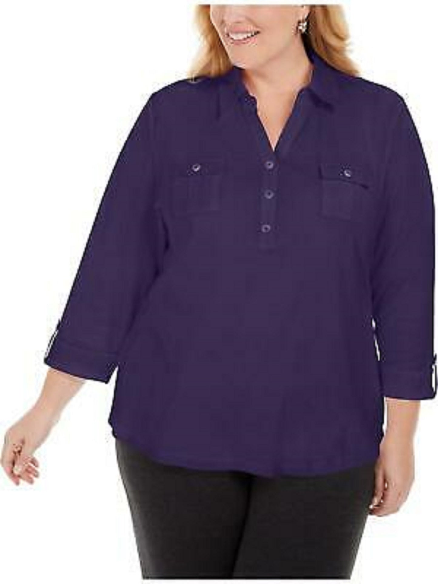 Camisa utilitária feminina Karen Scott de algodão Johnny-Collar, azul-escuro, tamanho médio