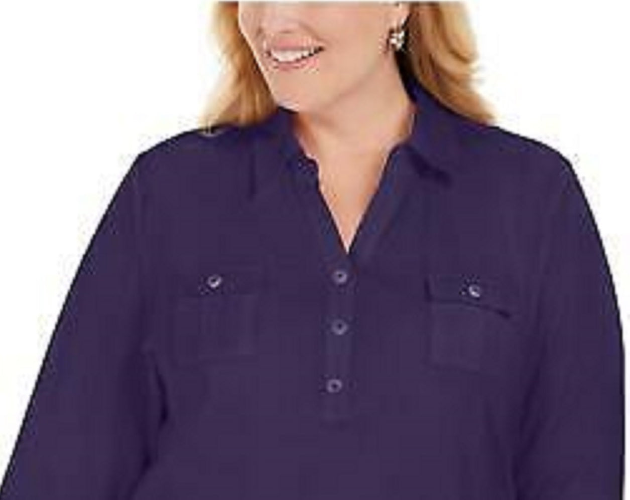 Camisa utilitária feminina Karen Scott de algodão Johnny-Collar, azul-escuro, tamanho médio