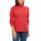 Karen Scott Camiseta Feminina Skiing Penguins Estampada Gola Mock Vermelho Brilhante Tamanho Médio