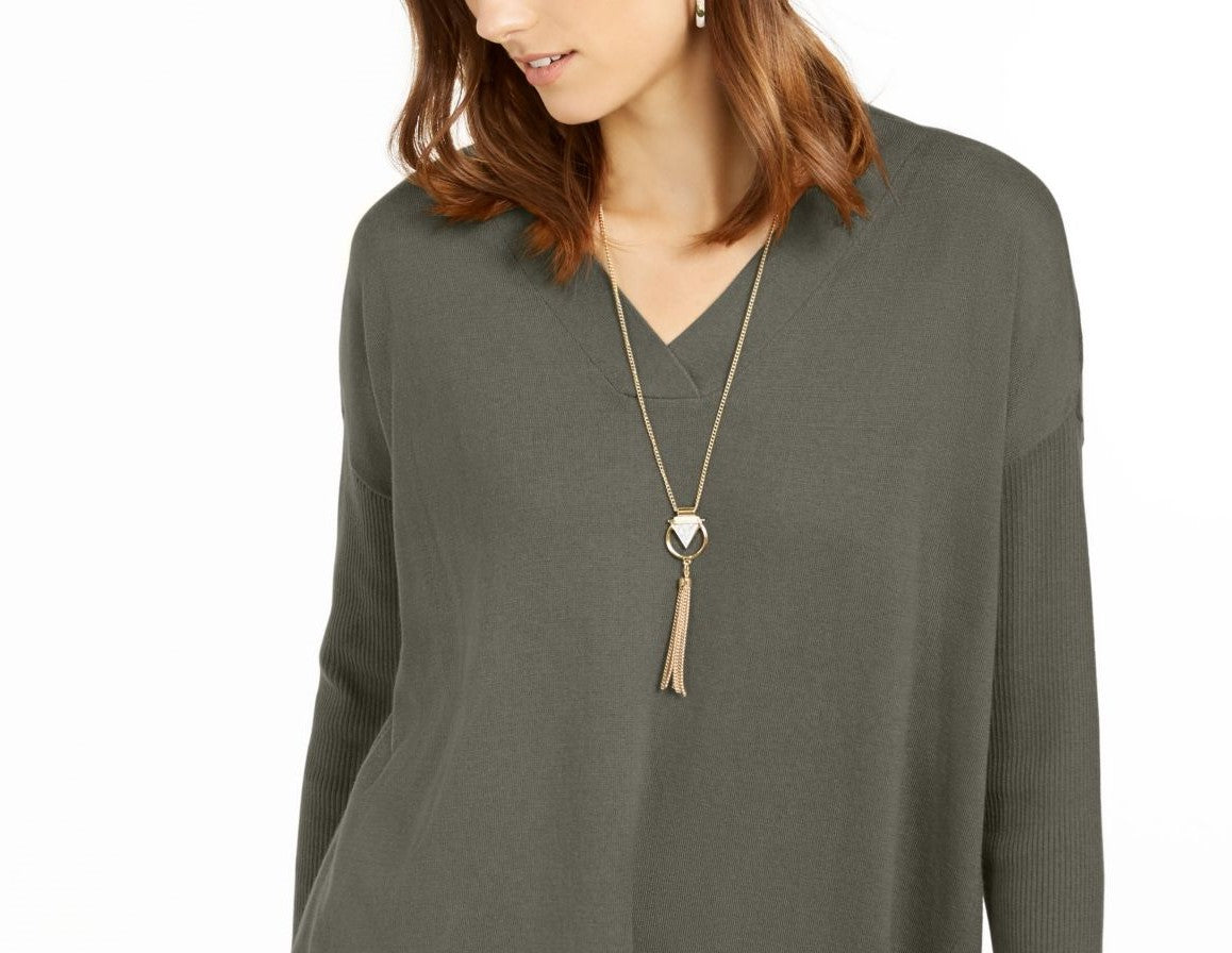 Suéter túnica feminino com decote em V estilo &amp; co cinza escuro tamanho pequeno