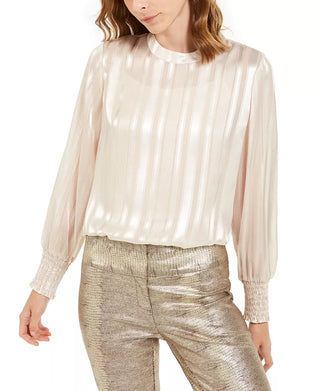 Blusa feminina Alfani listrada com gola alta, bege, tamanho médio