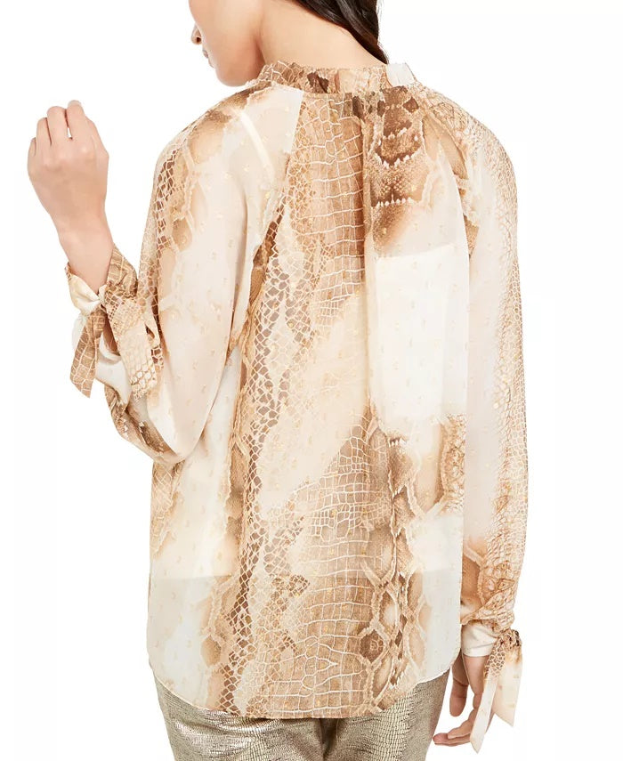 Blusa feminina Alfani com estampa de cobra e manga amarrada, bege, cáqui, tamanho médio