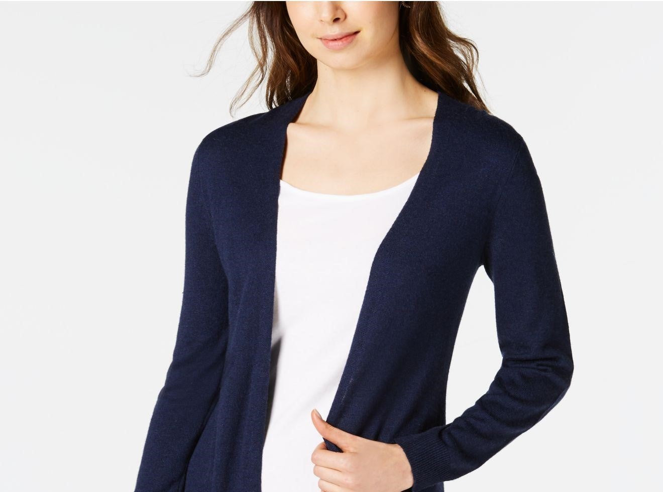 Cardigan feminino Maison Jules com abertura frontal, azul, tamanho grande