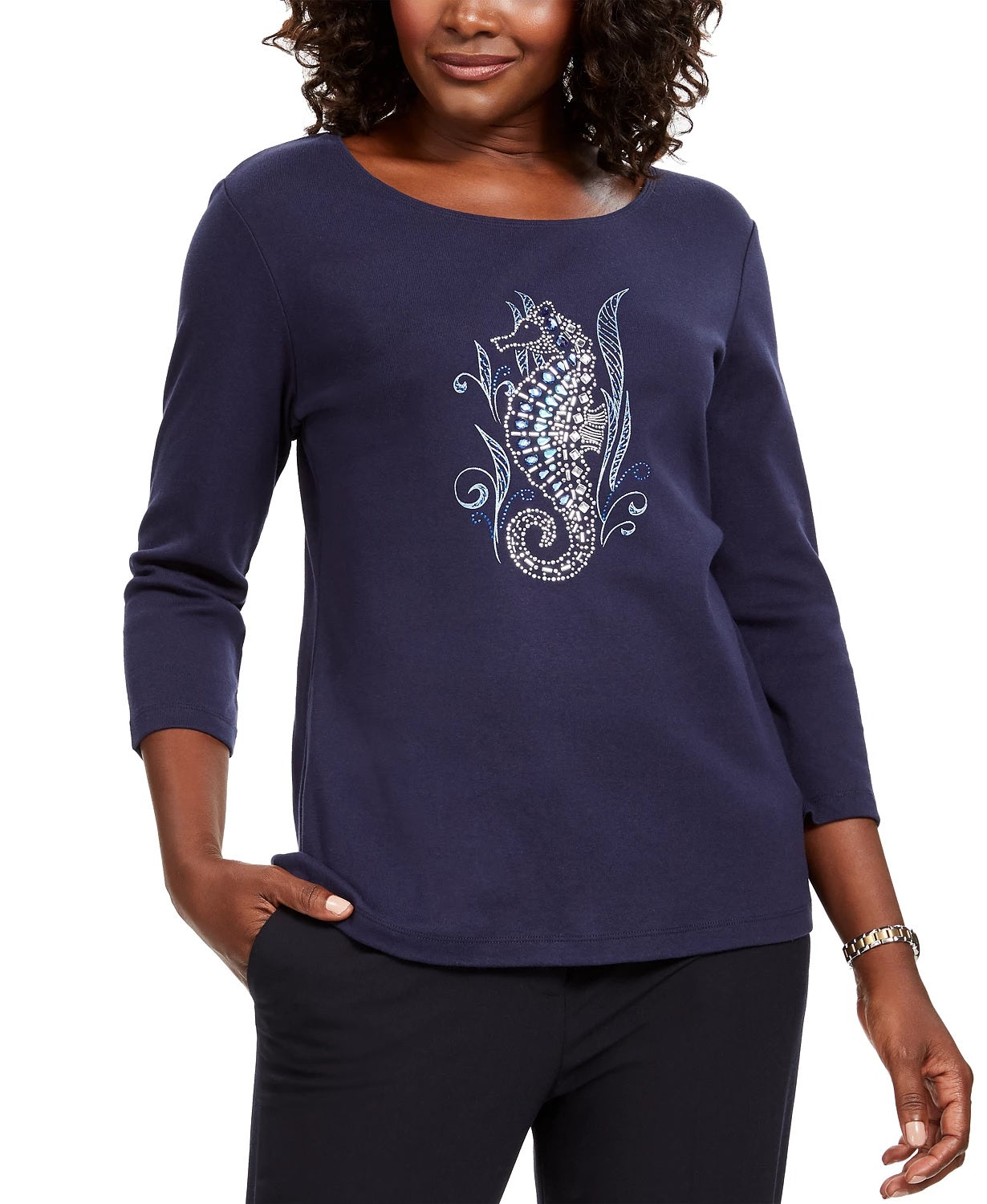 Karen Scott Top Feminino com Estampa de Cavalo Marinho e Manga Curta Azul Marinho Tamanho P