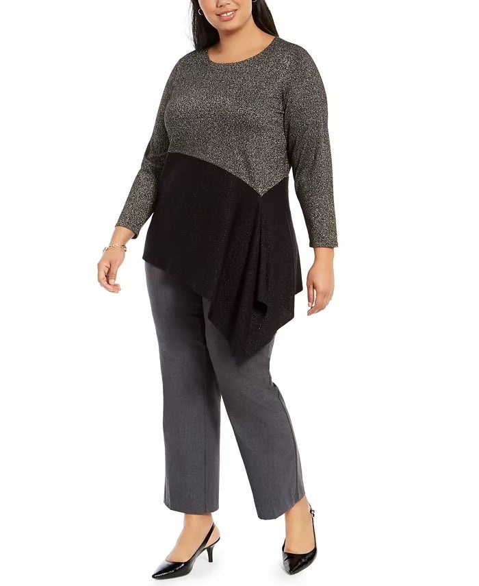 Suéter assimétrico com blocos de cores Alfani feminino, preto, tamanho 2X