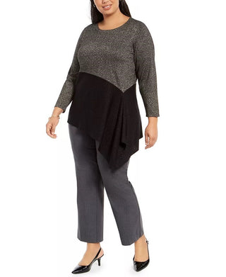 Suéter assimétrico com blocos de cores Alfani feminino, preto, tamanho 2X