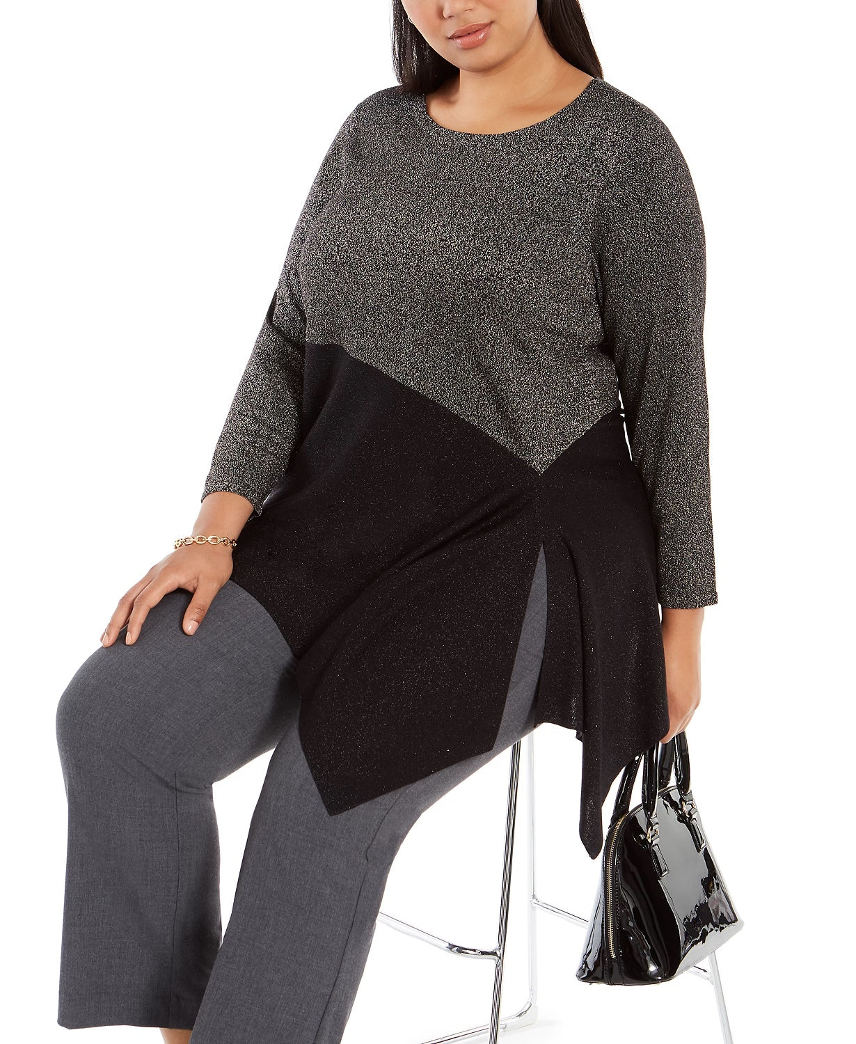 Suéter assimétrico com blocos de cores Alfani feminino, preto, tamanho 2X