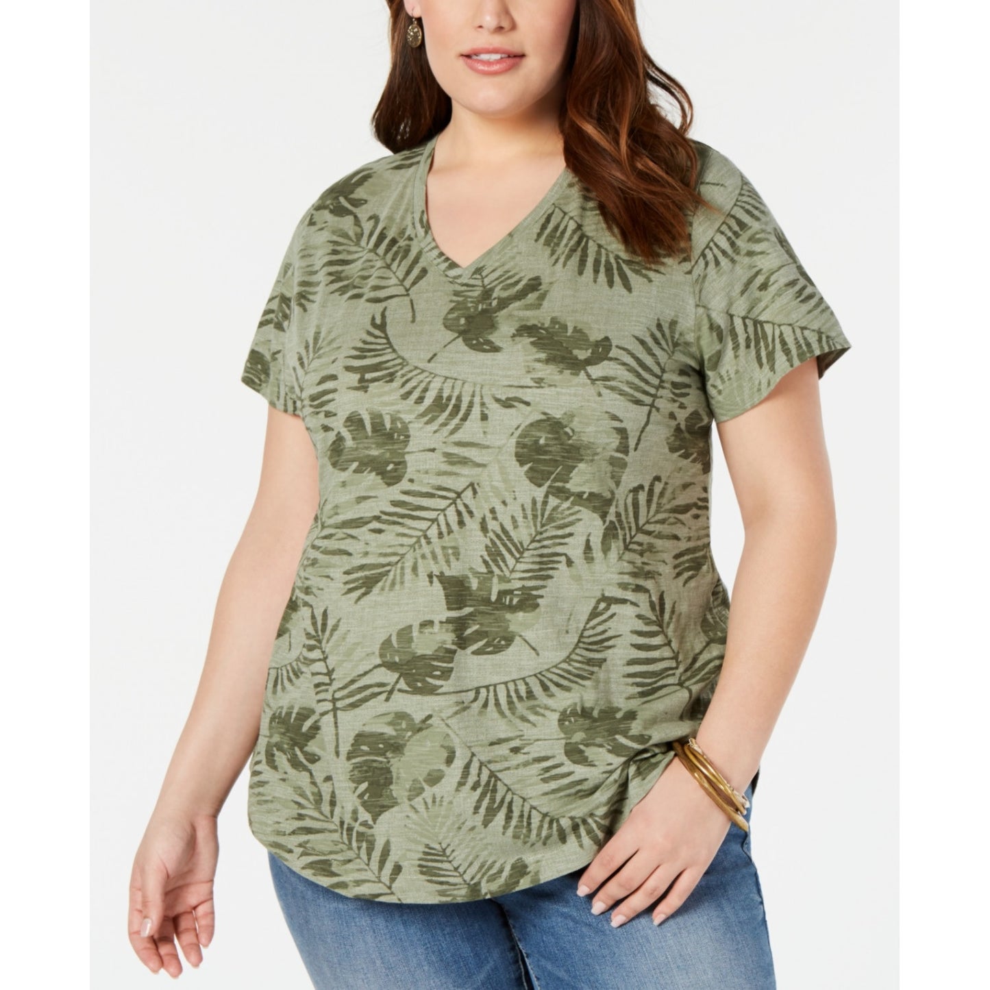 Camiseta feminina estampada com decote em V, tamanho médio, verde, estilo &amp; co