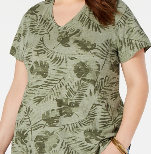 Camiseta feminina estampada com decote em V, tamanho médio, verde, estilo &amp; co