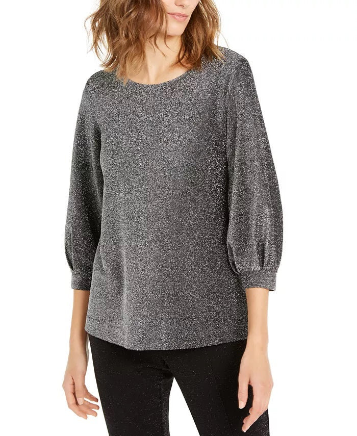 Blusa feminina Alfani de malha metálica com manga bispo, cinza, tamanho pequeno