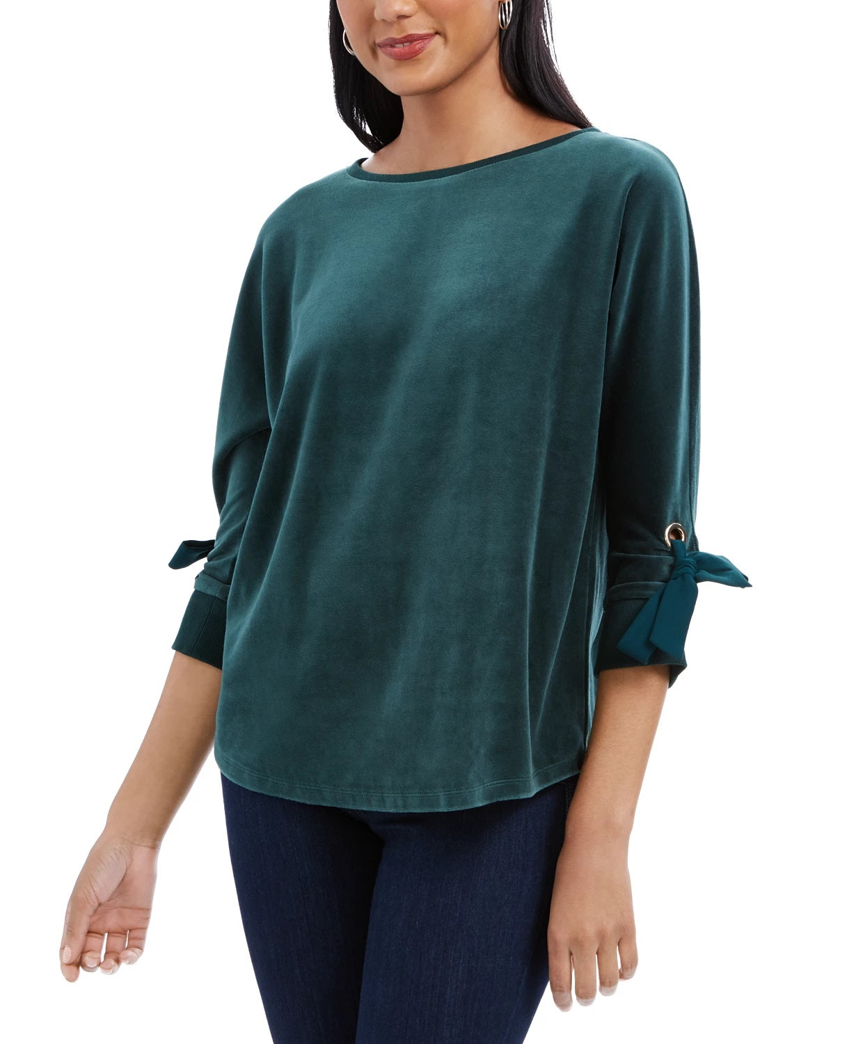 Blusa feminina de veludo com mangas amarradas Charter Club, verde escuro, tamanho X-S