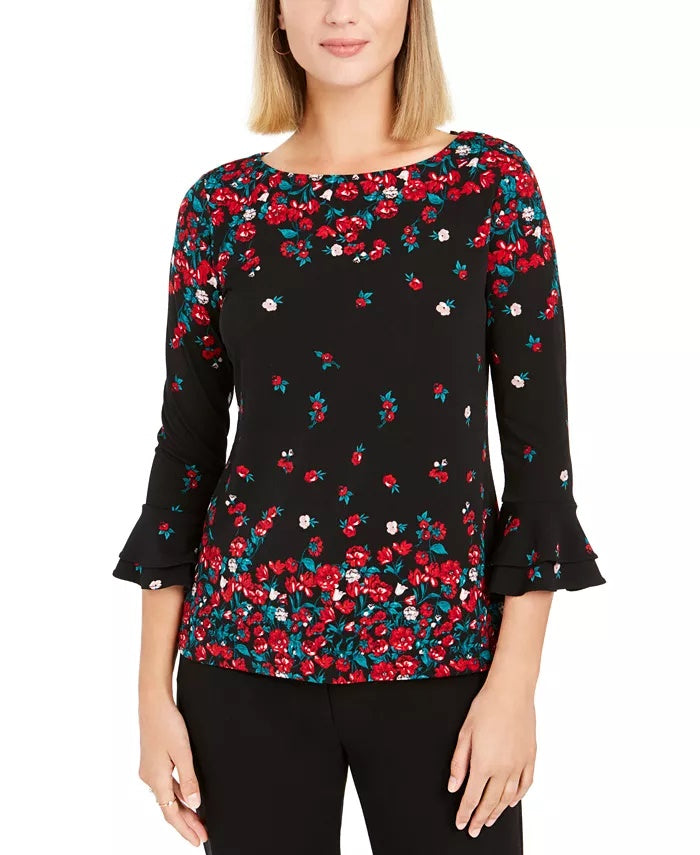 Blusa feminina com estampa floral e manga sino Charter Club, preta, tamanho XX-G